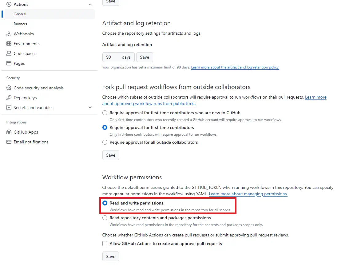 GitHub Actionsの書き込み設定
